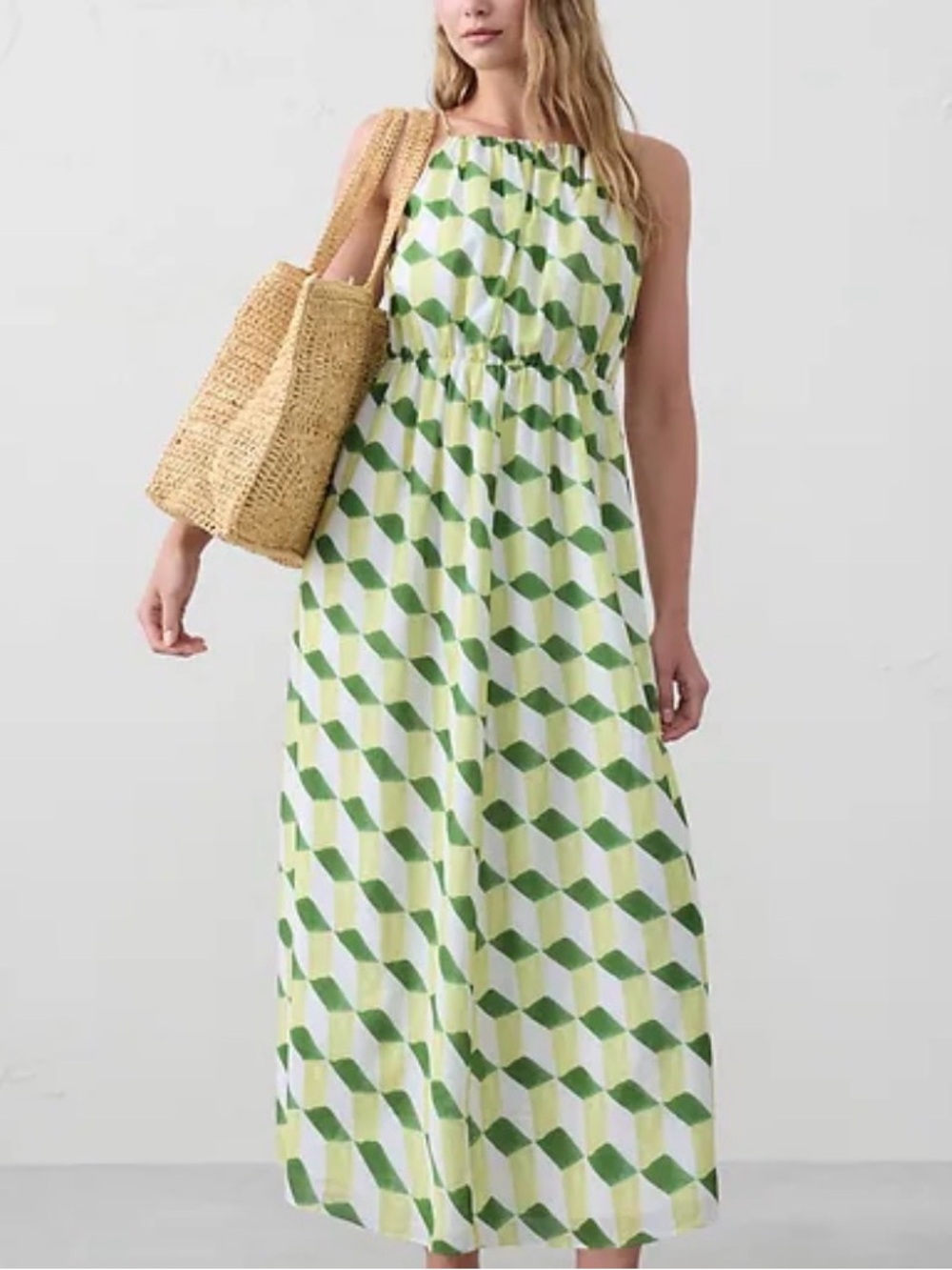 Banana Republic Voile Green Geometric Halter Maxi Dress